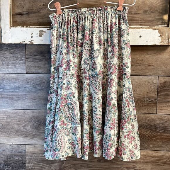 Vintage Paisley Floral Elastic Waist Flowy Flouncy Skirt Size Medium Pink Multi - Picture 4 of 4